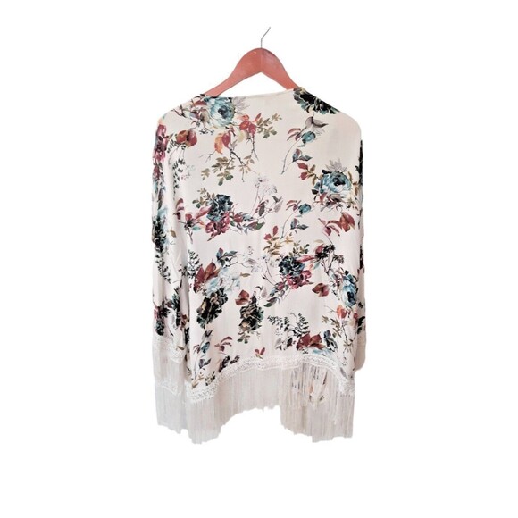 Jodifl Size L Vintage Floral Print Kimono Cream Lace Trim Fringe Boho Cover Up - Picture 5 of 8